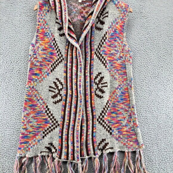 Entro Sweater Womens Medium Ivory Multi Cardigan Sleeveless Hooded Fringe Aztec - Picture 2 of 10